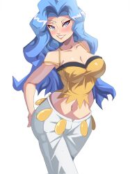 1girl absurdres bare_arms bare_shoulders blue_eyes blue_hair breasts camisole cleavage creatures_(company) crop_top exceedxatu game_freak hands_on_own_hips highres karen_(pokemon) light_blue_hair long_hair looking_at_viewer midriff nintendo pants parted_bangs parted_hair pokemon pokemon_hgss shirt simple_background smile solo spaghetti_strap wavy_hair white_background white_pants yellow_camisole