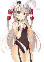 Rule 34 | 10s, 1girl, :o, adapted costume, amatsukaze (kancolle), animal ears, bad id, bad pixiv id, bare shoulders, blush, breasts, brown eyes, chestnut mouth, choker, cleavage, covered navel, cowboy shot, embarrassed, fake animal ears, garter straps, gloves, groin, hair tubes, hairband, halterneck, hand on own hip, headgear, highleg, highleg leotard, index finger raised, kankitsunabe (citrus), kantai collection, leotard, long hair, looking at viewer, motion lines, nose blush, open mouth, playboy bunny, rabbit ears, raised eyebrows, shiny skin, sideboob, silver hair, simple background, small breasts, solo, standing, strapless, strapless leotard, two side up, very long hair, white background, white gloves