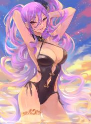 Rule 34 | 1girl, absurdres, armpits, arms behind head, arms up, backlighting, bare shoulders, beach, black one-piece swimsuit, blue sky, breasts, cleavage, earrings, fate/grand order, fate (series), gradient sky, hair between eyes, hair ornament, hair scrunchie, highleg, highleg swimsuit, highres, jewelry, large breasts, long hair, looking at viewer, muneomon (takomon), ocean, one-piece swimsuit, orange sky, presenting armpit, purple eyes, purple hair, scrunchie, side ponytail, sidelocks, sky, smile, solo, swimsuit, thighlet, thighs, tongue, tongue out, twilight, very long hair, wading, wrist scrunchie, wu zetian (fate), wu zetian (swimsuit caster) (fate), wu zetian (swimsuit caster) (first ascension) (fate)