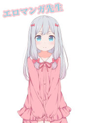 Rule 34 | 10s, 1girl, absurdres, aka aka, bad id, bad pixiv id, blue eyes, blush, bow, closed mouth, copyright name, eromanga sensei, grey hair, hair bow, highres, izumi sagiri, light frown, long hair, looking at viewer, official style, pajamas, pink bow, simple background, solo, upper body, white background