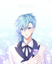 Rule 34 | 1boy, asymmetrical bangs, black ribbon, blue background, blue eyes, blue hair, collared shirt, commentary request, formal, gem, hair between eyes, hand on own chest, hasu (selisa), highres, looking at viewer, male focus, mikaze ai, neck ribbon, parted lips, petals, ribbon, shirt, short hair, smile, solo, suit, teeth, translation request, upper body, uta no prince-sama, white background, white shirt, white suit