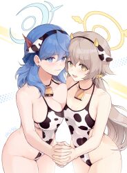 Rule 34 | 2girls, absurdres, ako (blue archive), angry, animal ears, animal print, artist name, bell, blue archive, blue eyes, blue hair, breast press, breasts, brown eyes, brown hair, cleavage, clenched teeth, cow ears, cow horns, cow print, cowbell, crying, crying with eyes open, ear piercing, embarrassed, fake animal ears, fake horns, halo, hifumi (blue archive), highres, horns, jewelry, large breasts, long hair, looking at viewer, multiple girls, necklace, one-piece swimsuit, open mouth, piercing, pixiv username, signature, simple background, small breasts, smile, standing, swimsuit, tears, teeth, white background, y0ung