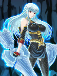 Rule 34 | 00s, 1girl, bare shoulders, blue hair, breasts, detached sleeves, female focus, gloves, glowing, highres, impossible clothes, impossible shirt, large breasts, legs, long hair, military, military uniform, pantyhose, polearm, red eyes, selvaria bles, senjou no valkyria, senjou no valkyria (series), senjou no valkyria 1, shield, shirt, solo, spear, sword, thighhighs, thighs, tonbidou, uniform, weapon, white hair