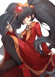 Rule 34 | 1girl, ashley (warioware), black hair, black pantyhose, dress, highres, holding, holding wand, long hair, looking at viewer, neckerchief, nintendo, no-kan, orange headwear, orange neckerchief, pantyhose, red dress, red eyes, red footwear, simple background, skirt hold, skull, skull ornament, solo, twintails, wand, warioware, white background, wide sleeves