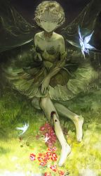 Rule 34 | 1girl, bare shoulders, barefoot, bayashiko, bleeding, blonde hair, blood, blood on leg, closed mouth, commentary request, deep wound, detached collar, dress, expressionless, fairy, fairy wings, fantasy, flower, gem, grass, green dress, green nails, grey eyes, hand on own leg, highres, injury, jewelry, looking at viewer, monster girl, nail polish, necklace, original, pink lips, plant, plant girl, pointy ears, short hair, sitting, wings