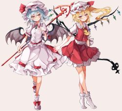 Rule 34 | 2girls, absurdres, ascot, bat wings, blue hair, blush, bobby socks, boots, bow, breasts, crystal, flandre scarlet, frilled shirt collar, frills, full body, hair between eyes, hand up, hat, hat bow, head tilt, highres, holding, holding polearm, holding weapon, laevatein (touhou), light blue hair, looking at viewer, medium hair, mob cap, multiple girls, one side up, petticoat, pink footwear, pink headwear, pointy ears, polearm, puffy short sleeves, puffy sleeves, red bow, red eyes, red skirt, red vest, remilia scarlet, shirt, short hair with long locks, short sleeves, siblings, simple background, sisters, skirt, small breasts, smile, socks, spear the gungnir, tiptoes, touhou, tsune (tune), vest, weapon, white background, white headwear, white shirt, white skirt, white socks, wings, wrist cuffs, yellow ascot