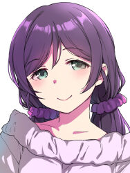 Rule 34 | 1girl, blush, collarbone, commentary request, duke (inu daimyou), green eyes, hair ornament, hair scrunchie, long hair, looking at viewer, love live!, love live! school idol project, low twintails, purple hair, purple scrunchie, scrunchie, smile, solo, tojo nozomi, twintails, upper body, white background