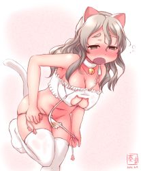 Rule 34 | 10s, 1girl, 2016, anal tail, animal ears, artist name, bare shoulders, bell, neck bell, blush, bra, breasts, brown eyes, butt plug, cat cutout, cat ear panties, cat ears, cat lingerie, cat tail, choker, cleavage, cleavage cutout, clothing cutout, commentary request, dated, fake animal ears, fake tail, grey hair, highres, kanon (kurogane knights), kantai collection, large breasts, long hair, meme attire, open clothes, open mouth, panties, pola (kancolle), sex toy, simple background, solo, tail, underwear, white legwear