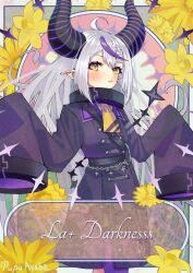 Rule 34 | 1girl, ahoge, ascot, black horns, braid, braided bangs, character name, coat, coat dress, collar, highres, hololive, horns, la+ darknesss, la+ darknesss (1st costume), looking at viewer, metal collar, multicolored hair, pantyhose, pointy ears, pupu ayaba, purple coat, purple hair, purple pantyhose, single leg pantyhose, sleeves past fingers, sleeves past wrists, slit pupils, solo, streaked hair, striped horns, virtual youtuber, yellow ascot, yellow eyes