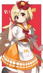 Rule 34 | 1girl, animal, animal on head, bird, bird wings, blonde hair, blush, breasts, chick, cleavage, collarbone, dress, foot out of frame, grin, hand up, highres, looking at viewer, multicolored hair, neckerchief, niwatari kutaka, on head, orange dress, orange eyes, red background, red hair, red neckerchief, sakaki (utigi), short hair, simple background, small breasts, smile, solo, standing, standing on one leg, touhou, two-tone hair, white dress, wings