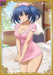 Rule 34 | 00s, 1girl, bashoku youjou, bed, blue hair, breasts, card (medium), cleavage, curvy, female focus, hair ornament, hat, ikkitousen, large breasts, looking at viewer, navel, nurse, purple eyes, short twintails, solo, standing, twintails