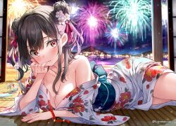 Rule 34 | 1girl, aerial fireworks, bare shoulders, black hair, blurry, blurry background, blush, breasts, cleavage, closed mouth, collarbone, commentary request, depth of field, double bun, fireworks, floral print, flower, fujima takuya, hair between eyes, hair bun, hair flower, hair ornament, japanese clothes, kimono, long hair, long sleeves, looking at viewer, lying, medium breasts, night, night sky, obi, off shoulder, on stomach, original, print kimono, red eyes, sash, sky, solo, twitter username, water, white flower, white kimono, wide sleeves, yukata