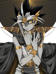 Rule 34 | 1boy, absurdres, atem, black hair, cbow, closed mouth, eyelashes, fingernails, grey hair, hands up, highres, jewelry, looking at viewer, male focus, millennium puzzle, multicolored hair, orange eyes, smile, solo, spiked hair, spot color, yu-gi-oh!, yu-gi-oh! duel monsters