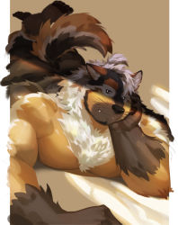 Rule 34 | 1boy, absurdres, animal ear fluff, animal ears, ass, bara, black fur, blurry, blurry background, boogbogex, brown eyes, brown fur, chest hair, dog boy, dog ears, dog tail, elbow rest, fangs, furry, furry male, haki (boogbogex), highres, large pectorals, legs up, light smile, looking at viewer, male focus, muscular, muscular male, orange fur, original, pectoral press, pectorals, shaded face, short hair, solo, tail, whiskers, white fur