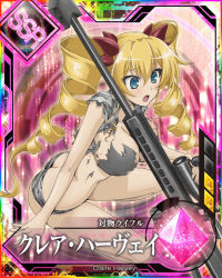 Rule 34 | 1girl, anti-materiel rifle, ass, barrett m82, blonde hair, blue eyes, breasts, butt crack, card (medium), character name, claire harvey, drill hair, english text, gem, gun, hundred (light novel), japanese text, large breasts, long hair, official art, open mouth, rifle, scope, sniper rifle, tearing clothes, torn clothes, twin drills, very long hair, weapon