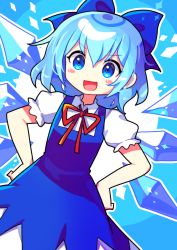 Rule 34 | :d, absurdres, aqua hair, blue background, blue bow, blue dress, blue eyes, blush stickers, bow, cirno, collared shirt, cowboy shot, dress, embodiment of scarlet devil, flat chest, hair bow, hands on own hips, highres, ice, ice wings, neck ribbon, offbeat, open mouth, pinafore dress, puffy short sleeves, puffy sleeves, red neckwear, ribbon, shirt, short hair, short sleeves, sleeveless dress, smile, touhou, white shirt, wings