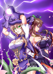 Rule 34 | 2girls, absurdres, adjusting hair, arms up, atawatsho, bare shoulders, belt, breasts, brown hair, cleavage, collarbone, commentary, crossover, detached sleeves, dress, energy ball, english commentary, eyes visible through hair, flower, genshin impact, gloves, granblue fantasy, green eyes, hair between eyes, hair flower, hair ornament, hand on own hip, hat, highres, jewelry, large breasts, lightning, lisa (genshin impact), long hair, looking at viewer, looking to the side, low-tied long hair, multiple girls, necklace, off-shoulder dress, off shoulder, parted lips, petals, purple background, purple eyes, purple flower, purple gloves, purple rose, rose, rose petals, rosetta (granblue fantasy), sidelocks, simple background, smile, tanaka rie, thorns, trait connection, voice actor connection, witch hat