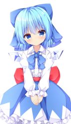 Rule 34 | 1girl, adapted costume, blue bow, blue bowtie, blue eyes, blue hair, blue skirt, blush, bow, bowtie, cirno, cowboy shot, expressionless, frilled sleeves, frills, hair between eyes, hair bow, head tilt, highres, juliet sleeves, long sleeves, looking at viewer, own hands together, petticoat, puffy sleeves, sabana, sash, shirt, short hair, simple background, skirt, solo, standing, touhou, v arms, white background, white shirt, wings