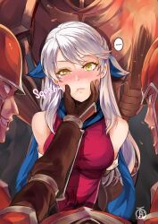 Rule 34 | ..., 1girl, armor, bare shoulders, blank eyes, blue headwear, blue scarf, breasts, fire emblem, fire emblem: radiant dawn, grabbing another&#039;s chin, grey hair, hand on another&#039;s chin, highres, medium breasts, micaiah (fire emblem), multiple boys, nintendo, revolverwing, scarf, solo focus, squishing, yellow eyes