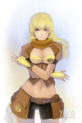 Rule 34 | 1girl, belt, blonde hair, breasts, character name, cleavage, female focus, highres, large breasts, midriff, navel, rwby, sky of morika, solo, yang xiao long