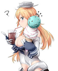 Rule 34 | 2girls, ?, blonde hair, breasts, cleavage, drinking, fairy (kancolle), female focus, food, ice cream, ice cream cone, iowa (kancolle), kantai collection, long hair, mini person, minigirl, multiple girls, nekosu (nfxgs227), profile, size difference