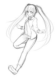 Rule 34 | 1girl, absurdres, bad id, bad pixiv id, greyscale, hatsune miku, highres, kazenoko, long hair, monochrome, simple background, sketch, smile, solo, very long hair, vocaloid, white background
