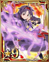 Rule 34 | 10s, 1girl, ahoge, armor, breastplate, card (medium), detached sleeves, fingerless gloves, gloves, hairband, holding, holding sword, holding weapon, long hair, looking at viewer, purple armor, purple gloves, purple hair, red eyes, red hairband, smile, solo, star (symbol), sword, sword art online, weapon, yuuki (sao)