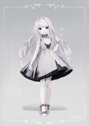 Rule 34 | 1girl, ahoge, bad id, bad pixiv id, bracelet, collar, commission, dress, full body, grey background, highres, jewelry, looking at viewer, original, pale skin, purple eyes, shiro yurine, skeb commission, solo, torn clothes, torn dress, white hair