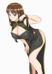 Rule 34 | 1girl, absurdres, alternate costume, black dress, blunt bangs, breasts, brown eyes, brown hair, china dress, chinese clothes, cleavage, cleavage cutout, closed mouth, clothing cutout, commentary request, dress, earrings, frown, girls und panzer, hand in own hair, hand on own thigh, high collar, highres, jewelry, large breasts, leaning forward, legs, long dress, long hair, looking at viewer, mature female, nishizumi shiho, partial commentary, side slit, simple background, sleeveless, sleeveless dress, solo, standing, straight hair, white background, yuusha