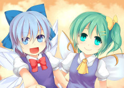 Rule 34 | 2girls, ascot, blue eyes, blue hair, bow, bowtie, cirno, close-up, daiyousei, fairy wings, friends, frown, green eyes, green hair, hair between eyes, hair bow, hair ornament, hairclip, looking at viewer, multiple girls, niiya, open mouth, reaching, reaching towards viewer, short hair, side ponytail, smile, touhou, upper body, wings