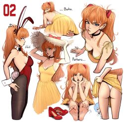 Rule 34 | absurdres, all fours, animal ears, ass, ayanami rei, bare legs, barefoot, black pantyhose, breasts, brown hair, chibi, cleavage, clothes lift, cropped legs, detached collar, downblouse, dress, dress lift, english text, fake animal ears, fake tail, feet, hat, high heels, highres, kusujinn, leotard, lifted by self, long hair, looking at viewer, medium breasts, neon genesis evangelion, panties, pantyhose, playboy bunny, pout, red footwear, shoes, sideboob, simple background, sitting, soles, souryuu asuka langley, spread toes, strapless, strapless leotard, straw hat, tail, toe scrunch, toenails, toes, tongue, tongue out, underwear, unworn shoes, wedgie, white panties, wrist cuffs, yellow dress