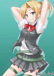 Rule 34 | 10s, 1girl, anti (untea9), aqua background, aqua eyes, arms behind head, arms up, belt, blonde hair, blush, commentary request, dress shirt, gradient background, grin, highres, kantai collection, looking at viewer, maikaze (kancolle), open clothes, open vest, ponytail, school uniform, shirt, simple background, smile, solo, thigh strap, twitter username, vest
