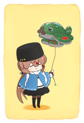 Rule 34 | 1girl, aircraft, airplane, anchor necklace, balloon, belt, black belt, black bow, black hat, blue shawl, bow, brown hair, brown pantyhose, chibi, closed eyes, e16a zuiun, full body, fur hat, hair bow, hat, jacket, jewelry, kantai collection, long hair, low twintails, necklace, pantyhose, papakha, scarf, shawl, solo, tashkent (kancolle), torn clothes, torn scarf, twintails, white jacket, white scarf, yellow background, yuasa makoto