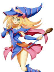 Rule 34 | 1girl, bad id, bad pixiv id, blonde hair, blue dress, boots, collarbone, dark magician girl, detached sleeves, dress, duel monster, green eyes, hair between eyes, hair ornament, hijiri-tukasa, holding, jewelry, long hair, necklace, simple background, solo, white background, yu-gi-oh!