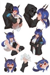 Rule 34 | 1girl, 1other, absurdres, arknights, bare shoulders, blue hair, blush, ch&#039;en (arknights), commentary, doctor (arknights), english commentary, grin, highres, hood, hooded jacket, horns, hug, jacket, long hair, mask, multiple views, najashi, open mouth, ponytail, simple background, smile, teeth, white background