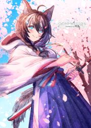 Rule 34 | 1girl, :q, ahoge, animal ear fluff, animal ears, blue hakama, blush, braid, brown hair, cherry blossoms, closed mouth, commentary request, commission, copyright request, day, flower, hair ornament, hair over shoulder, hairclip, hakama, hakama skirt, highres, holding, holding sheath, hood, hood down, hooded kimono, ittokyu, japanese clothes, katana, kimono, long hair, long sleeves, looking at viewer, multicolored hair, outdoors, pink flower, sheath, sheathed, skirt, smile, solo, streaked hair, sword, tail, tongue, tongue out, tree, virtual youtuber, weapon, white hair, white kimono, wide sleeves