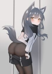 Rule 34 | 1girl, aged down, animal ear fluff, animal ear piercing, animal ears, arknights, ass, black hair, black jacket, black pantyhose, black shorts, blush, cameltoe, clothes pull, cowboy shot, extra ears, from behind, highres, jacket, long hair, long sleeves, looking at viewer, looking back, multicolored clothes, multicolored jacket, pantyhose, shorts, shorts pull, solo, tail, texas (arknights), two-tone jacket, white jacket, wl217 (nicexa111), wolf ears, wolf girl, wolf tail, yellow eyes