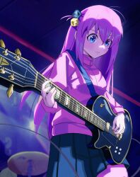 Rule 34 | 1girl, black skirt, blue eyes, bocchi the rock!, commentary, cowboy shot, cube hair ornament, cymbals, electric guitar, english commentary, gibson les paul, gotoh hitori, guitar, hair between eyes, hair ornament, highres, holding, holding instrument, indoors, instrument, jacket, long hair, long sleeves, looking down, music, one side up, parted lips, pink hair, pink jacket, pink track suit, playing instrument, pleated skirt, senj, skirt, solo, stage, track jacket