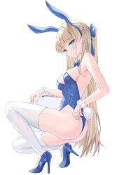 Rule 34 | 1girl, absurdres, animal ears, ass, bare shoulders, blonde hair, blue archive, blue bow, blue bowtie, blue eyes, blue footwear, blue leotard, blush, bow, bowtie, braid, breasts, cleavage, embarrassed, from side, full body, gyuu, hair bow, halo, high heels, highres, leotard, long hair, medium breasts, official alternate costume, rabbit tail, sideboob, solo, tail, thighhighs, toki (blue archive), toki (bunny) (blue archive), white thighhighs, wrist cuffs