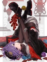 Rule 34 | 1girl, black coat, boots, coat, commentary request, ear piercing, eyewear on head, firecrackers, fresnel (gachapon fortune) (neural cloud), fresnel (neural cloud), full body, gashapon, girls&#039; frontline, girls&#039; frontline neural cloud, hat, highres, hugging own legs, looking at viewer, nail polish, official alternate costume, open mouth, pantyhose, piercing, purple eyes, purple hair, rabb horn, short hair, solo, sunglasses, upside-down