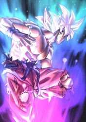 Rule 34 | 1boy, abs, absurdres, aura, dougi, dragon ball, dragon ball super, fighting stance, foot out of frame, from side, glowing, glowing hair, highres, large pectorals, looking away, male focus, obarii, pectorals, short hair, solo, son goku, spiked hair, topless male, torn clothes, ultra instinct