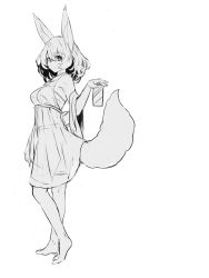 Rule 34 | 1girl, animal ear fluff, animal ears, bare shoulders, barefoot, breasts, commentary request, dress, fox ears, fox girl, fox tail, full body, greyscale, hair between eyes, highres, holding, medium breasts, monochrome, see-through, shirt, simple background, skirt, sleeveless, sleeveless dress, sleeveless shirt, solo, standing, tail, white background, yuuji (yukimimi)