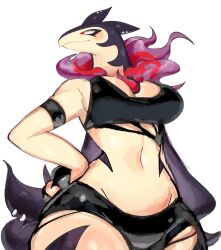 Rule 34 | 1girl, armlet, bare shoulders, black hair, black shorts, breasts, closed mouth, creatures (company), crop top, ear piercing, fire, furry, furry female, game freak, hand on own hip, highres, hisuian typhlosion, large breasts, looking ahead, micro shorts, navel, nintendo, piercing, pokemon, pokemon (creature), red eyes, shorts, simple background, solo, standing, thick thighs, thighs, usa37107692, white background