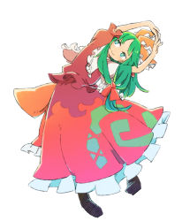 Rule 34 | 1girl, arms up, black footwear, commentary request, frilled skirt, frills, front ponytail, green eyes, green hair, hair ribbon, kagiyama hina, leaning to the side, long hair, red ribbon, red shirt, red skirt, ribbon, shirt, short sleeves, simple background, skirt, smile, solo, touhou, white background, ziro (daydozen)