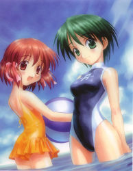 Rule 34 | 2girls, ball, beach, beachball, breasts, casual one-piece swimsuit, cloud, competition swimsuit, day, frilled swimsuit, frills, goto p, green eyes, green hair, highres, kashiwagi yuuna (omoi no kakera), medium breasts, multiple girls, omoi no kakera, one-piece swimsuit, open mouth, outdoors, red eyes, red hair, ribbon, shiomi shouko, short hair, sky, smile, swimsuit, water