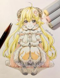 Rule 34 | 1girl, art tools in frame, blonde hair, blunt bangs, blush, cowlick, detached sleeves, dress, fuusuke (fusuke208), graphite (medium), hands on own cheeks, hands on own face, highres, hololive, horns, long hair, marker, marker (medium), pencil, photo (medium), purple eyes, sheep horns, smile, solo, squatting, traditional media, tsunomaki watame, tsunomaki watame (1st costume), very long hair, virtual youtuber, white dress