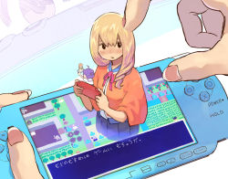 Rule 34 | 1girl, ahoge, blonde hair, blush, bow, fingernails, game console, handheld game console, headpat, long hair, looking at viewer, looking to the side, original, playing, playstation portable, poring, recursion, simple background, solo focus, through medium, through screen, translation request, upper body, yosiyosii