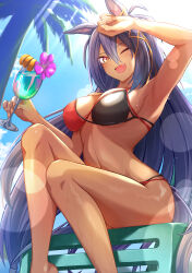 Rule 34 | 1girl, ;d, absurdres, alternate costume, animal ears, arm up, armpits, bikini, black bikini, black hair, breasts, cleavage, cocktail, commentary request, cup, dark-skinned female, dark skin, ear ornament, eve on k, foot out of frame, highres, hishi amazon (umamusume), holding, holding cup, horse ears, horse girl, horse tail, large breasts, long hair, on chair, one eye closed, open mouth, red bikini, red eyes, sitting, smile, solo, swimsuit, tail, two-tone bikini, umamusume, very long hair