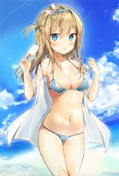 Rule 34 | 1girl, bad id, bad pixiv id, bare shoulders, bikini, blue bikini, blue eyes, blue sky, breasts, brown hair, cleavage, cloud, cloudy sky, commentary request, day, food, girls&#039; frontline, hair ornament, hairband, halterneck, halterneck, ice cream, kurut, legs together, long hair, looking at viewer, medium breasts, navel, outdoors, revision, sky, solo, standing, stomach, string bikini, suomi (girls&#039; frontline), swimsuit