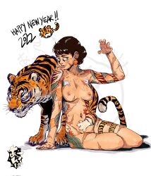 Rule 34 | 1girl, 2022, allanva, animal, arm support, arm up, black hair, breasts, breasts apart, chinese zodiac, earrings, english text, happy new year, highres, jewelry, looking at viewer, medium breasts, navel, new year, nipples, nude, orange eyes, original, shadow, sitting, smile, solo, tattoo, tiger, tiger tattoo, white background, year of the tiger
